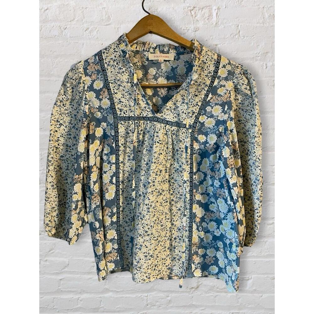 Solitaire Shirt  Women S Blue Floral Lace Embroidered Peasant Puff Sleeve Blouse
